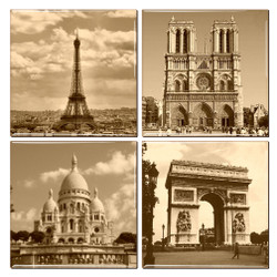 Ceramic Paris coasters featuring the Eiffel Tower, Notre Dame, Sacre-Coeur and the Arc de Triomphe